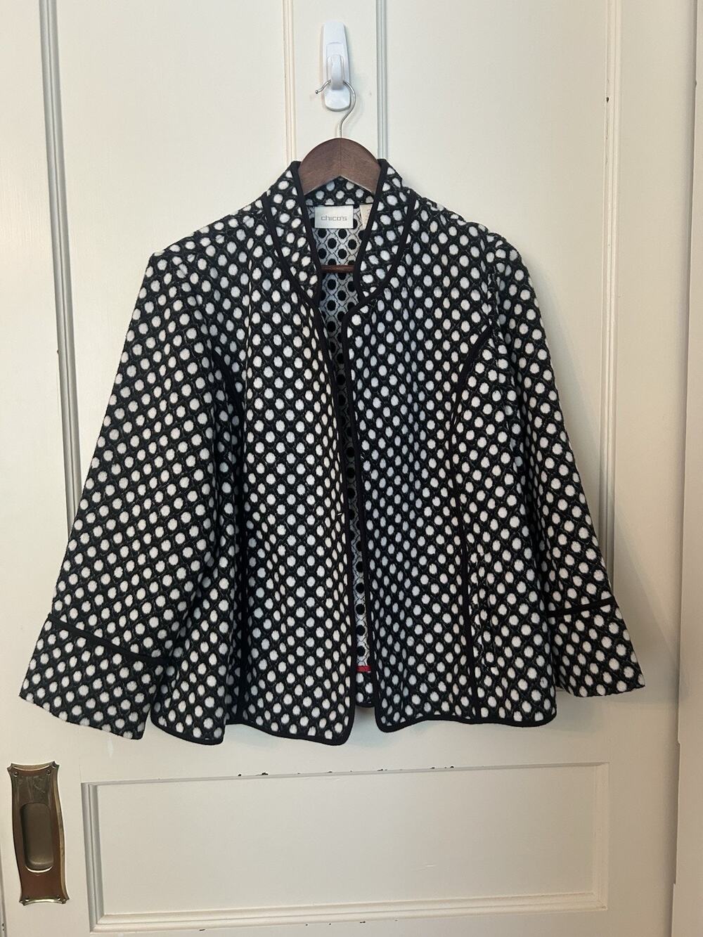 Chico's Polka Dot Fleece Open Front Jacket Blazer Womens Size Large Black White